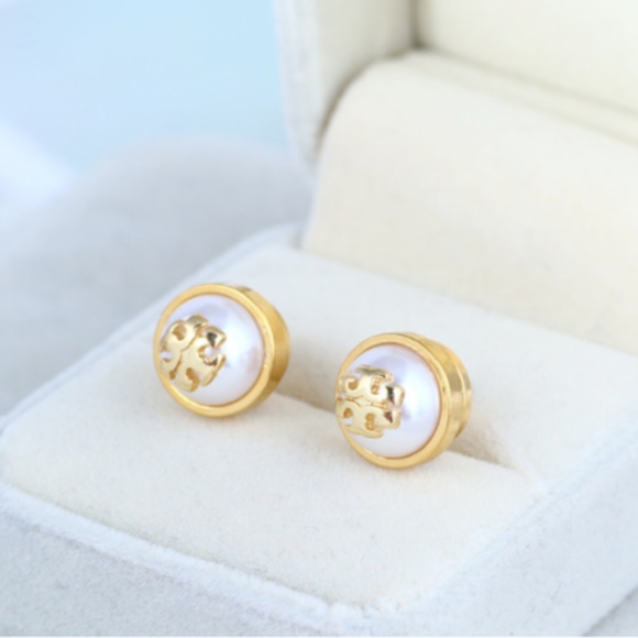 Tory Burch Jewelry - Tory Burch Gold Stud T Logo White Pearl Earrings